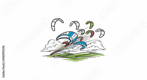 Colorful kites soar over rolling green hills and fluffy clouds