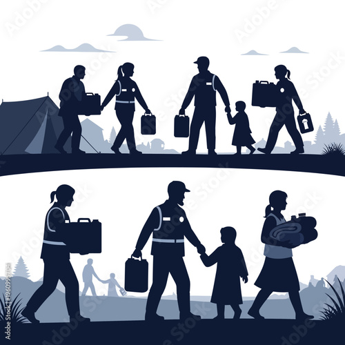 People walking with luggage silhouettes.