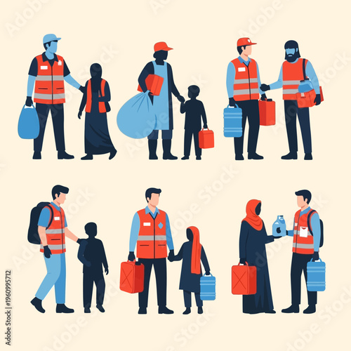 People wearing orange safety vests helping.