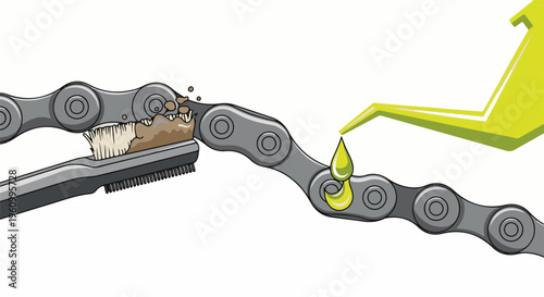 Detailed illustration of a bicycle chain being cleaned and lubricated