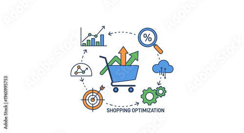 Shopping cart with growth arrows and graphs illustrates e commerce analytics