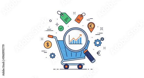 Shopping cart with magnifying glass analyzing financial growth and icons