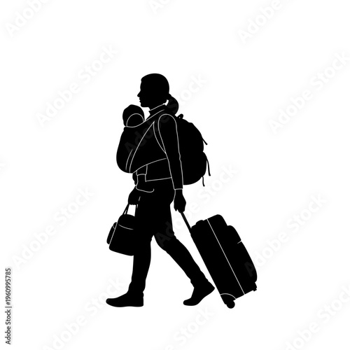 Person walking with luggage and backpack.