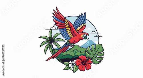 Colorful parrot flies over lush jungle scene with volcano