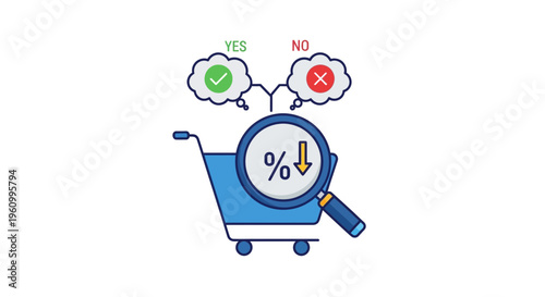Shopping cart with magnifying glass and percentage symbol decision making