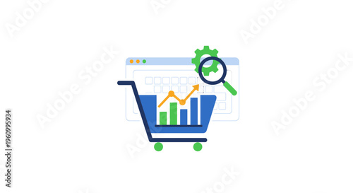 Shopping cart with web browser and data analysis icon on white background