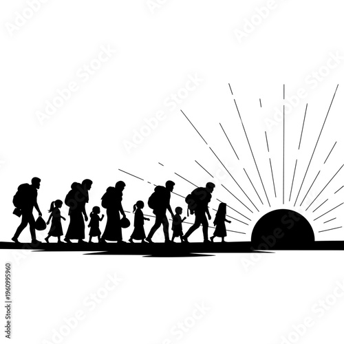 Silhouette of people walking together outside.