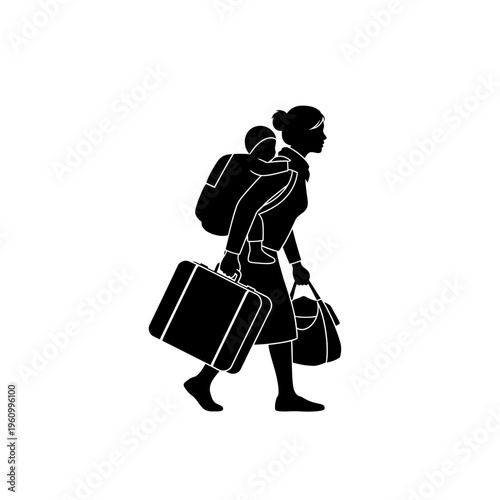 Woman walking with luggage and child.