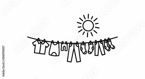 Clothesline with various garments drying in the sun