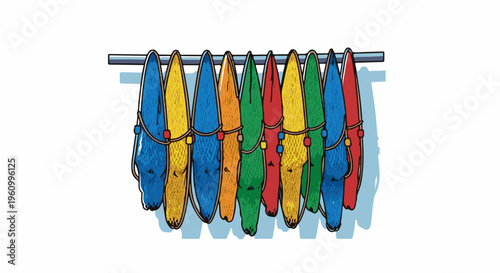 Colorful surfboards hang vertically from a bar