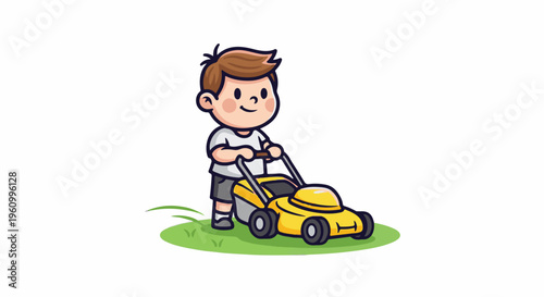 Cute cartoon child pushing a yellow lawn mower on green grass, white background