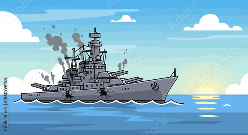 A cartoon illustration of a damaged grey battleship sailing on the open sea with smoke billowing, under a blue sky with a setting sun.