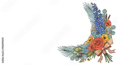 Elegant floral arrangement with various blooms and foliage on a white backdrop