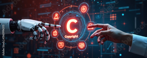 Robot hand and human finger interact with digital copyright interface showing legal protection and IP verification. AI technology secures intellectual property rights.