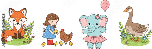 Cute animal and children illustration set with fox, girl feeding chickens, elephant with balloon and goose, colorful vector for nursery, kids books and playful designs