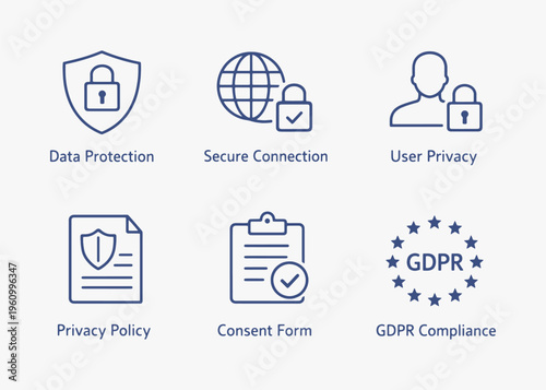 A set of Privacy Policy icons focuses on simplicity, elegance, and ease of recognition. Vector Sign for Logos, Labels, and Icons.