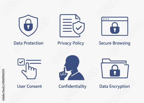 A set of Privacy Policy icons focuses on simplicity, elegance, and ease of recognition. Vector Sign for Logos, Labels, and Icons.