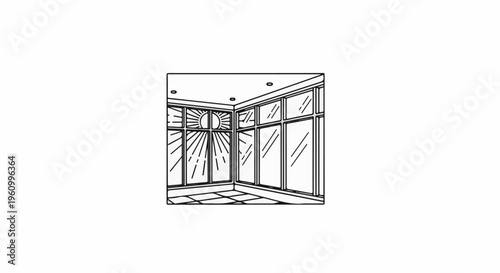 Corner room with large windows, one featuring a sunburst motif