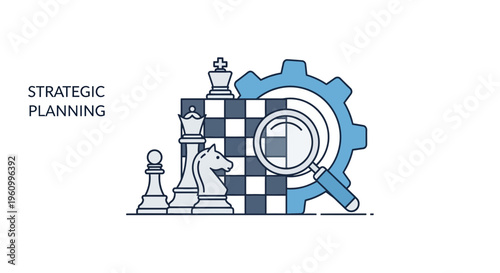 Strategic planning concept with chess pieces gear and magnifying glass