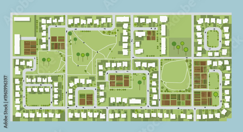 Aerial View of a Sustainable Eco-Village Site Plan with Green Spaces, Urban Gardens, and Residential Housing. Flat Design Architectural Map for Urban Planning.