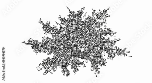 Detailed aerial view of a densely populated urban area's street grid and buildings