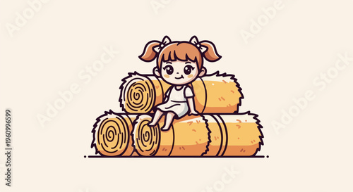Cute cartoon girl with pigtails sits on hay bales in a field