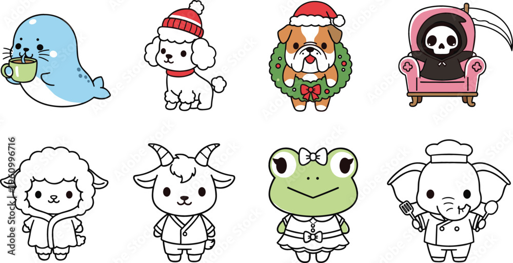 Obraz premium Cute cartoon animal characters collection with seal, dog, frog, sheep, goat and elephant, festive and playful vector illustration for kids and nursery designs
