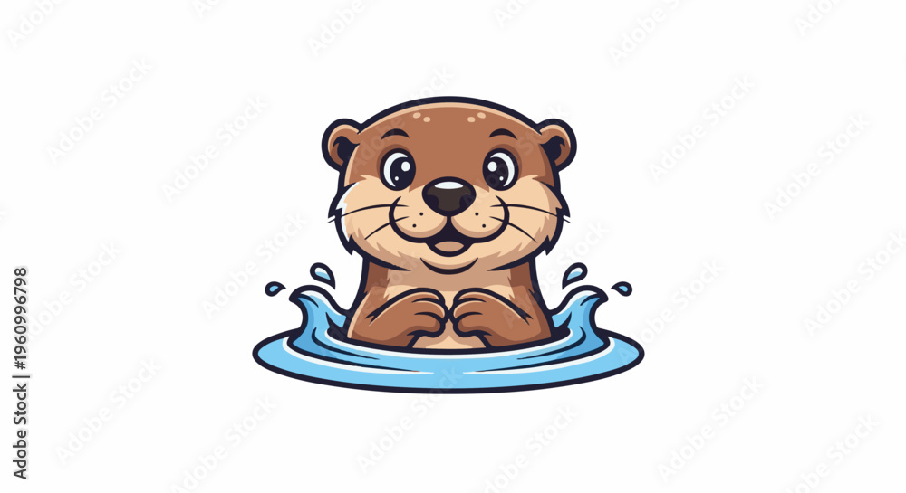 Naklejka premium Cute cartoon otter swimming and splashing in blue water