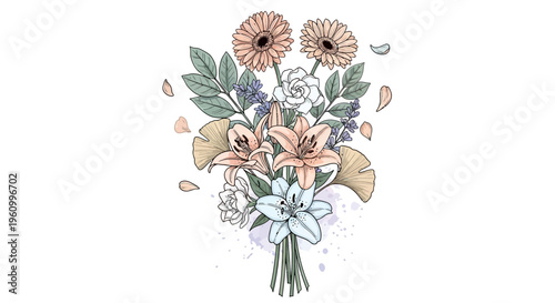 Elegant floral arrangement illustration with lilies and gerbera daisies isolated