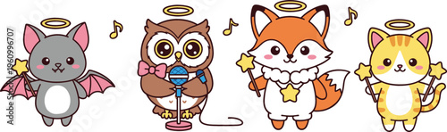 Cute cartoon animal angels collection with bat, owl singer, fox and cat, adorable vector illustration for kids, fantasy themes and playful character designs