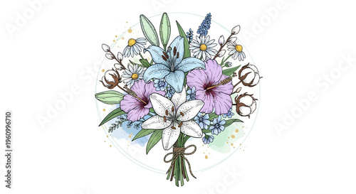 Elegant floral arrangement illustration with lilies and hibiscus on white background