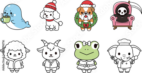 Cute cartoon animal characters collection with seal, dog, frog, sheep, goat and elephant, festive and playful vector illustration for kids and nursery designs