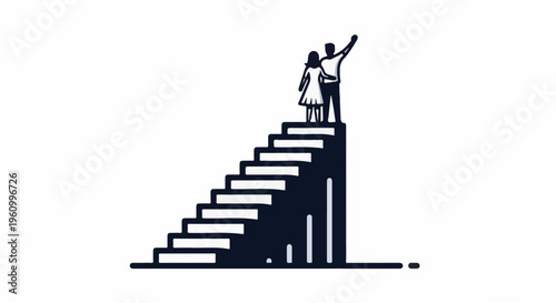 Couple at top of stairs, one arm raised in a gesture of triumph