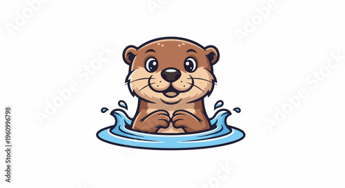 Cute cartoon otter swimming and splashing in blue water