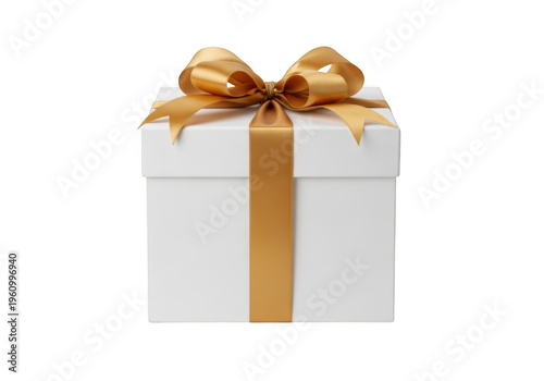 Elegant white gift box with gold ribbon and bow isolated on transparent background