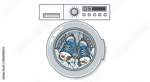 Dirty blue sneakers tumbling inside a washing machine drum