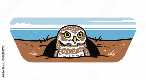 Cute cartoon owl peeking out of its burrow with a blue sky and clouds