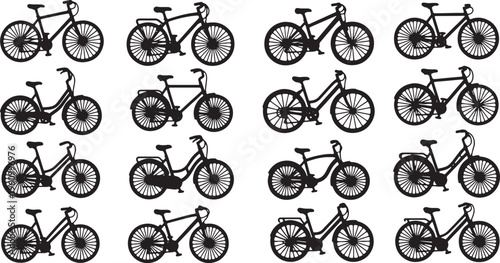 Collection of diverse bicycle silhouettes in a grid layout for visual comparison