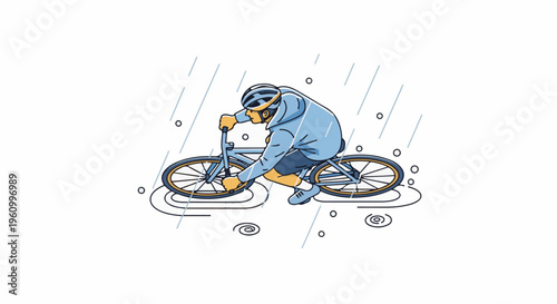 Cyclist wearing helmet rides bicycle in pouring rain with puddles