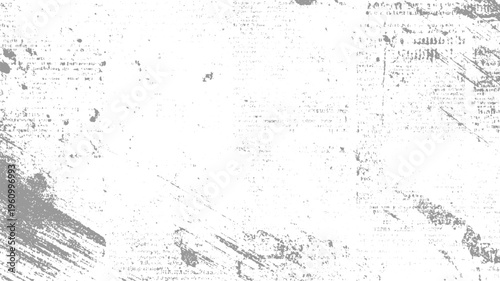 Faded grey text and smudges on a white background with distressed paper texture grunge