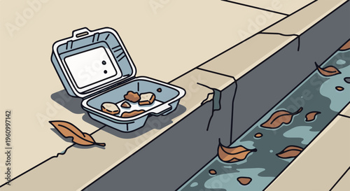 Discarded food container and fallen leaves in a dirty street gutter