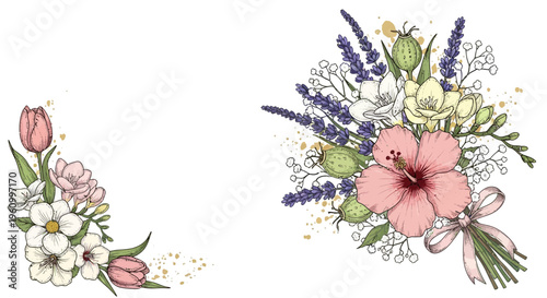 Elegant floral arrangement illustration with various colorful flower bouquets