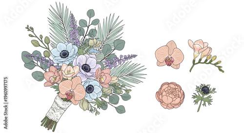 Elegant floral arrangement illustration with various colorful flower blossoms