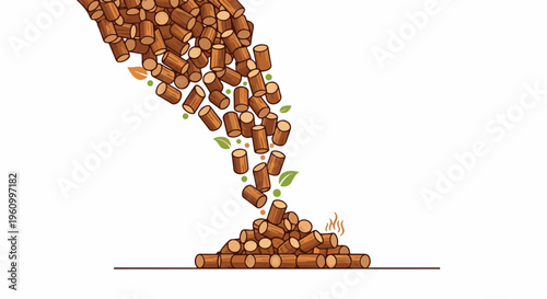 Cylindrical wood pieces falling and piling up with leaves and heat