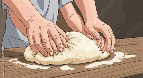 Close-up of hands kneading dough on a wooden surface with flour