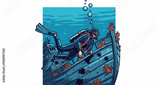 Diver explores a sunken ship with coral growth underwater