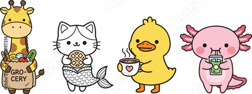 Cute cartoon animal characters with giraffe grocery, cat mermaid, duck with coffee and axolotl drink, colorful vector illustration for kids and playful designs