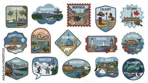 Collection of colorful travel patches depicting iconic Canadian cities and landmarks, including mountains, cityscapes, and wildlife.
