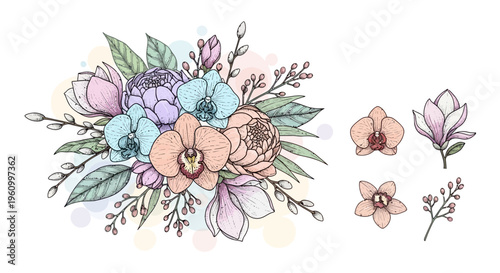 Elegant floral arrangement illustration with various flower types on white background