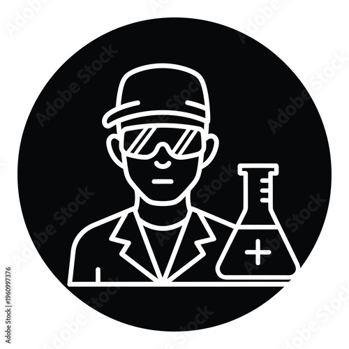 Scientist in lab coat and safety goggles with beaker  laboratory professional icon